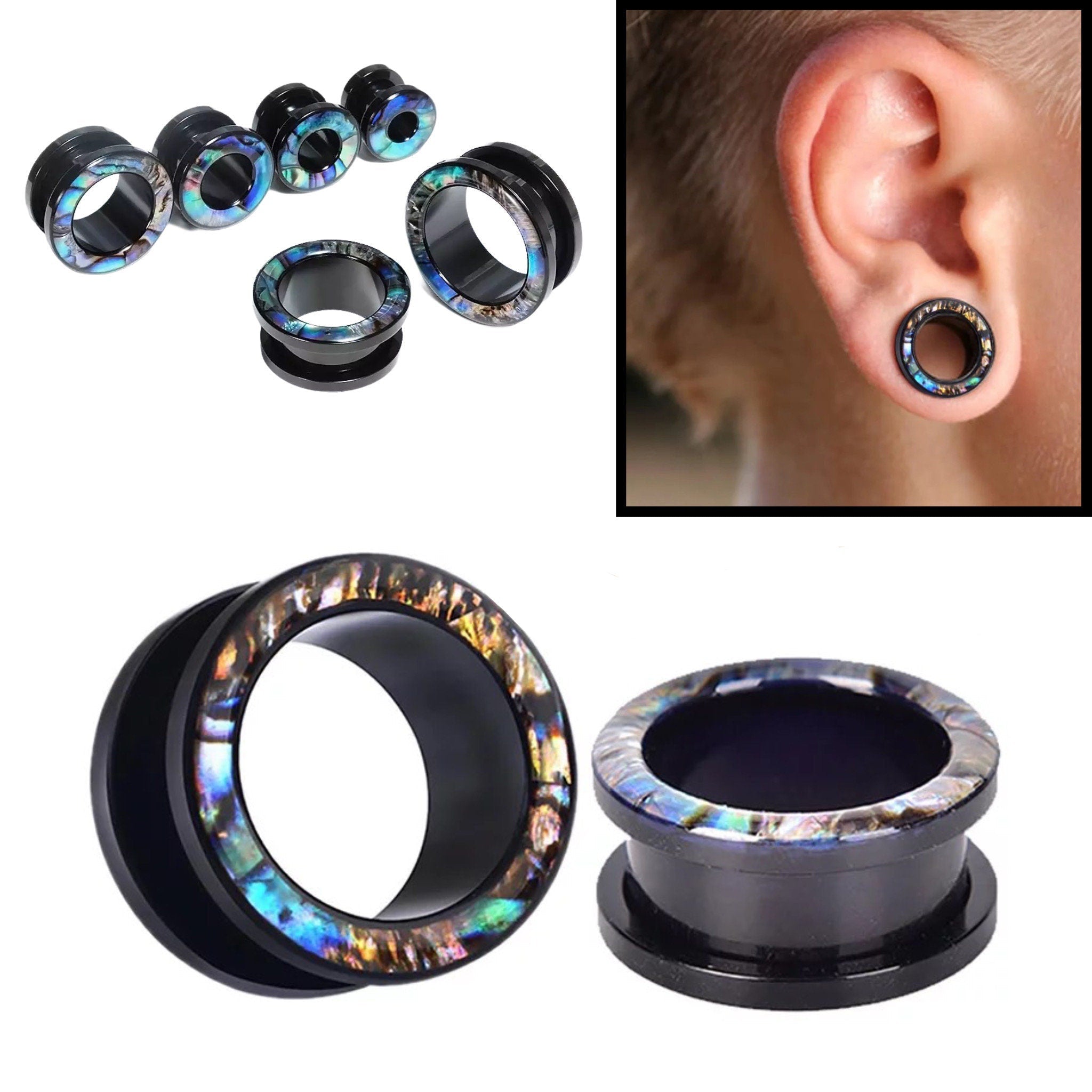 Abalone Shell Inlay Ear Tunnels | Acrylic Screw Fit | DustyJewelz
