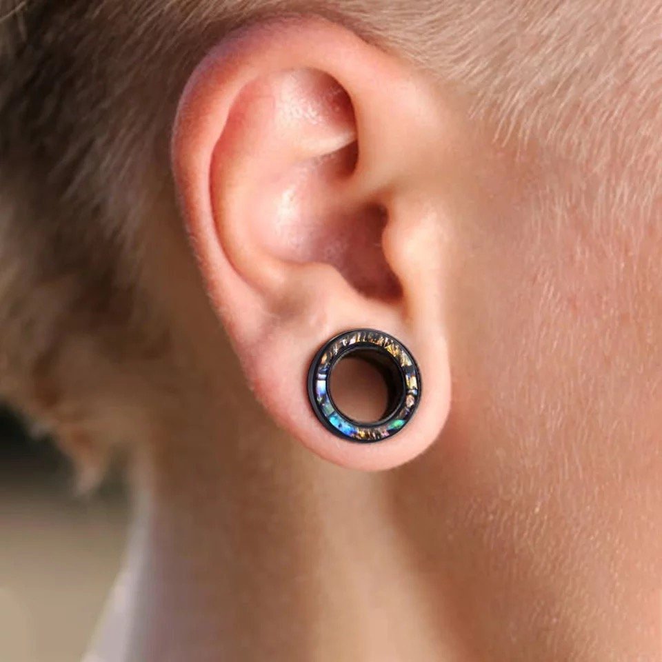 Abalone Shell Inlay Ear Tunnels | Acrylic Screw Fit | DustyJewelz