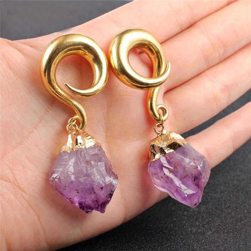 Amethyst Stone Ear Weights | Hook Lobe Hangers - DustyJewelz