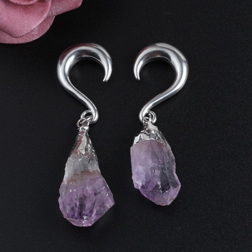 Amethyst Stone Ear Weights | Hook Lobe Hangers - DustyJewelz