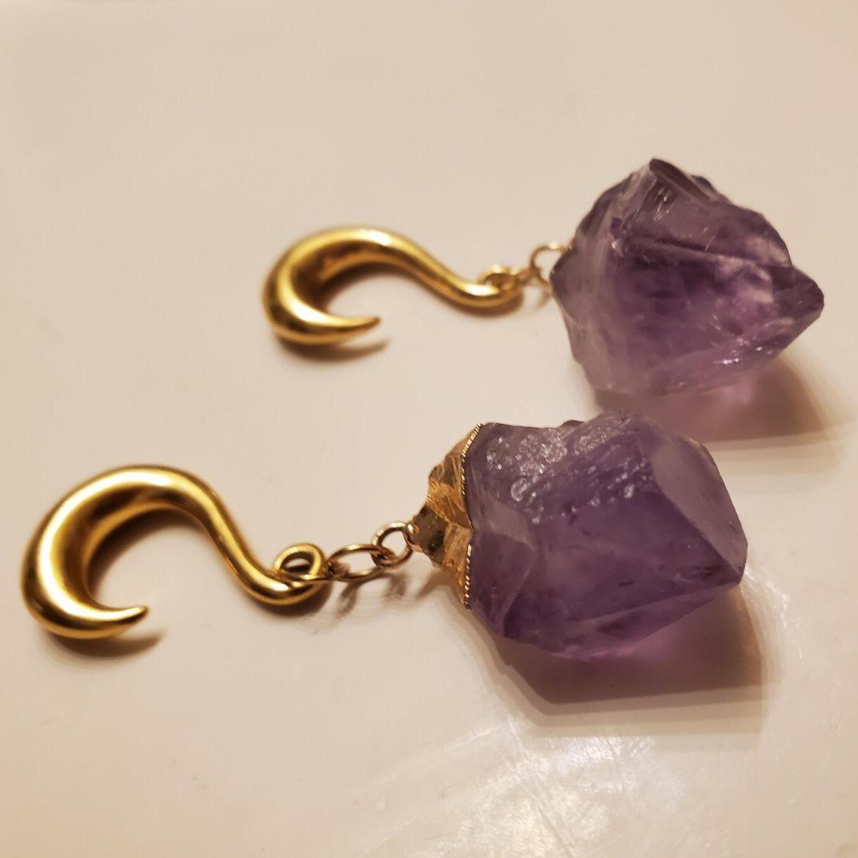 Amethyst Stone Ear Weights | Hook Lobe Hangers - DustyJewelz