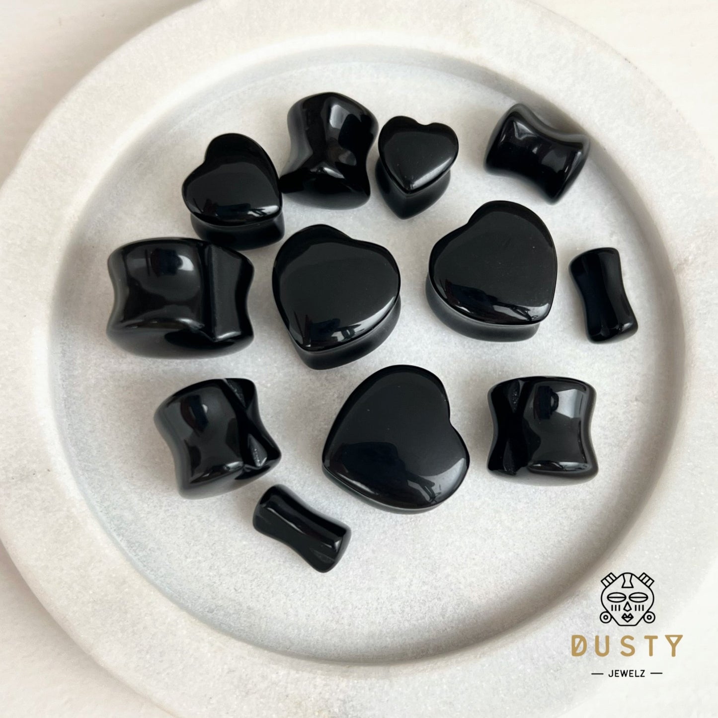 Black Onyx Heart Shaped Stone Plugs | Double Flare - DustyJewelz