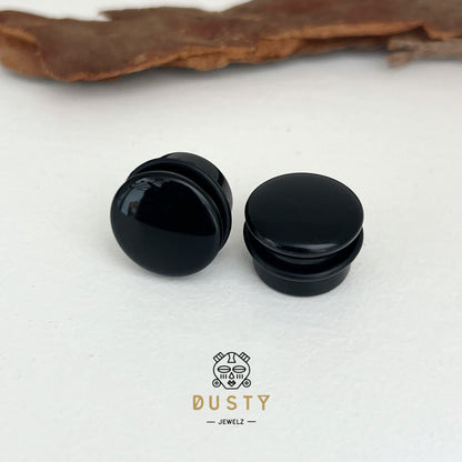 Black Onyx Stone Plugs | Convex Single Flare | Rubber O- Rings - DustyJewelz