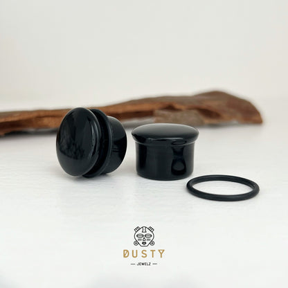 Black Onyx Stone Plugs | Convex Single Flare | Rubber O- Rings - DustyJewelz