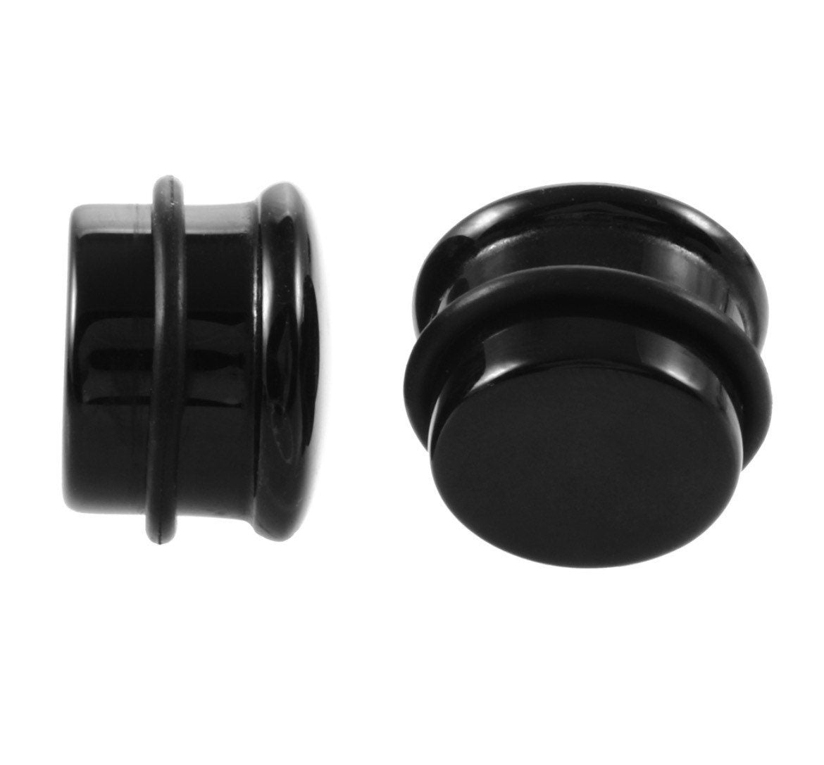 Black Onyx Stone Plugs | Convex Single Flare | Rubber O- Rings - DustyJewelz