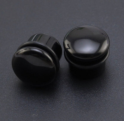 Black Onyx Stone Plugs | Convex Single Flare | Rubber O- Rings - DustyJewelz