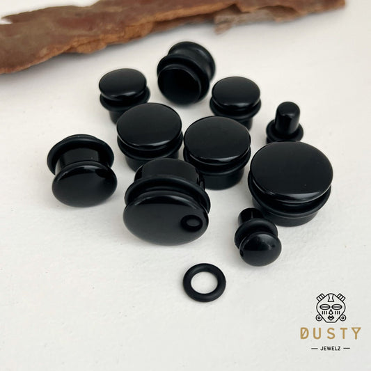 Black Onyx Stone Plugs | Convex Single Flare | Rubber O- Rings - DustyJewelz