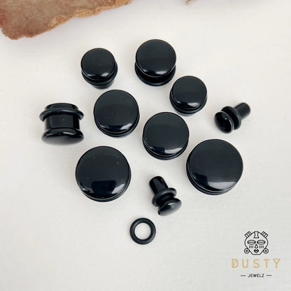 Black Onyx Stone Plugs | Convex Single Flare | Rubber O- Rings - DustyJewelz