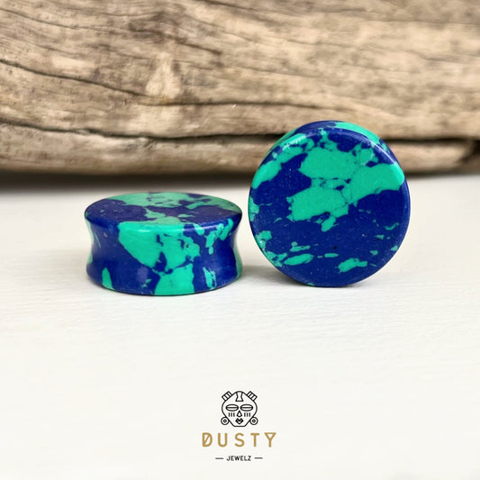 Blue & Green Azurite Stone Plugs | Double Flare - DustyJewelz