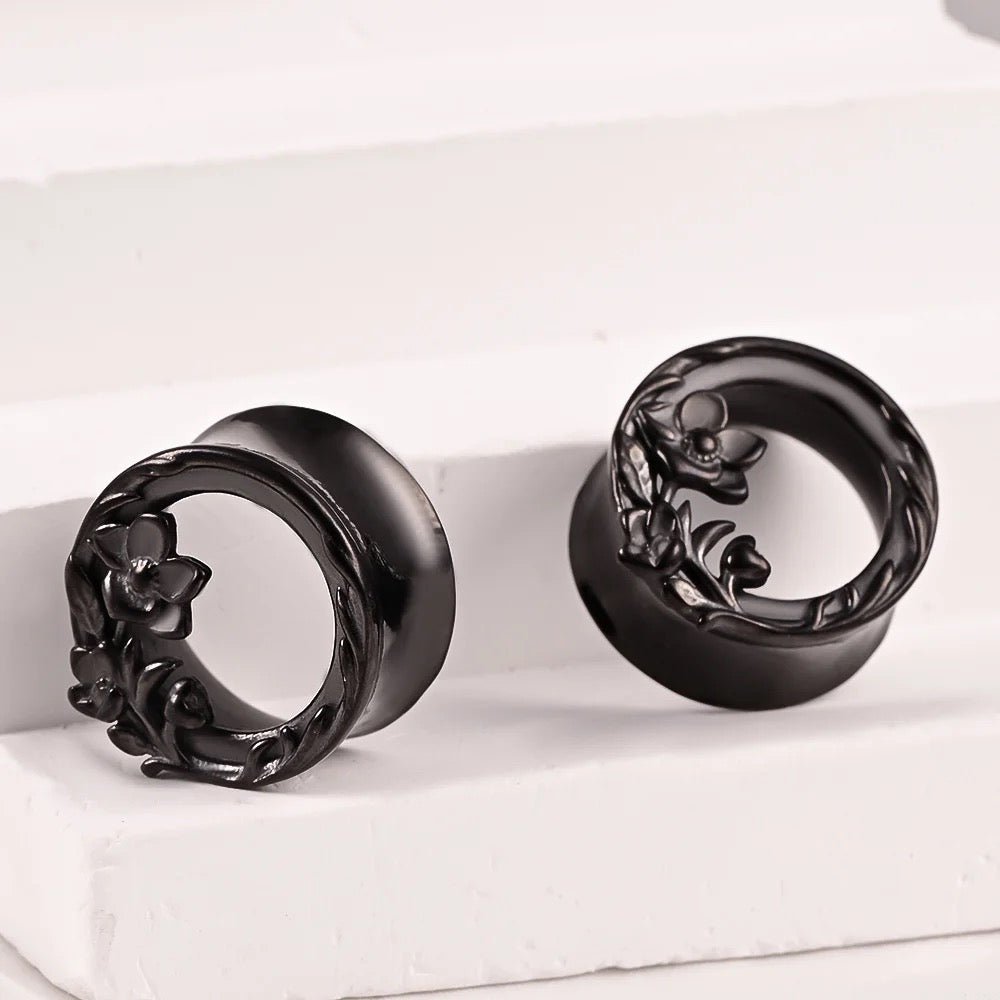 Carved Out Flower Tunnels | Double Flared Steel Plugs - DustyJewelz