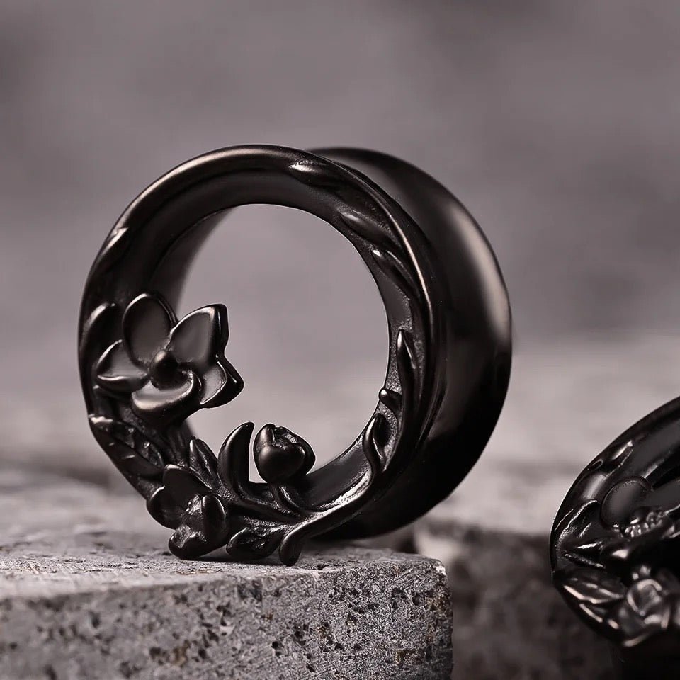 Carved Out Flower Tunnels | Double Flared Steel Plugs - DustyJewelz