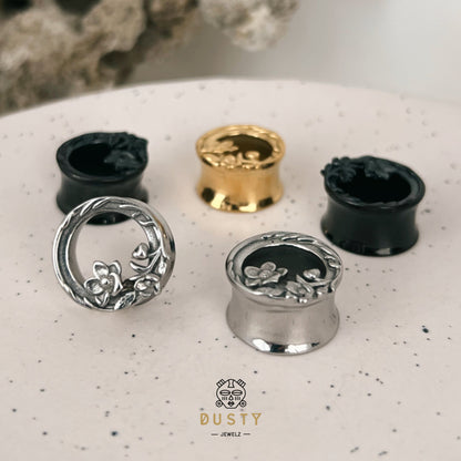 Carved Out Flower Tunnels | Double Flared Steel Plugs - DustyJewelz