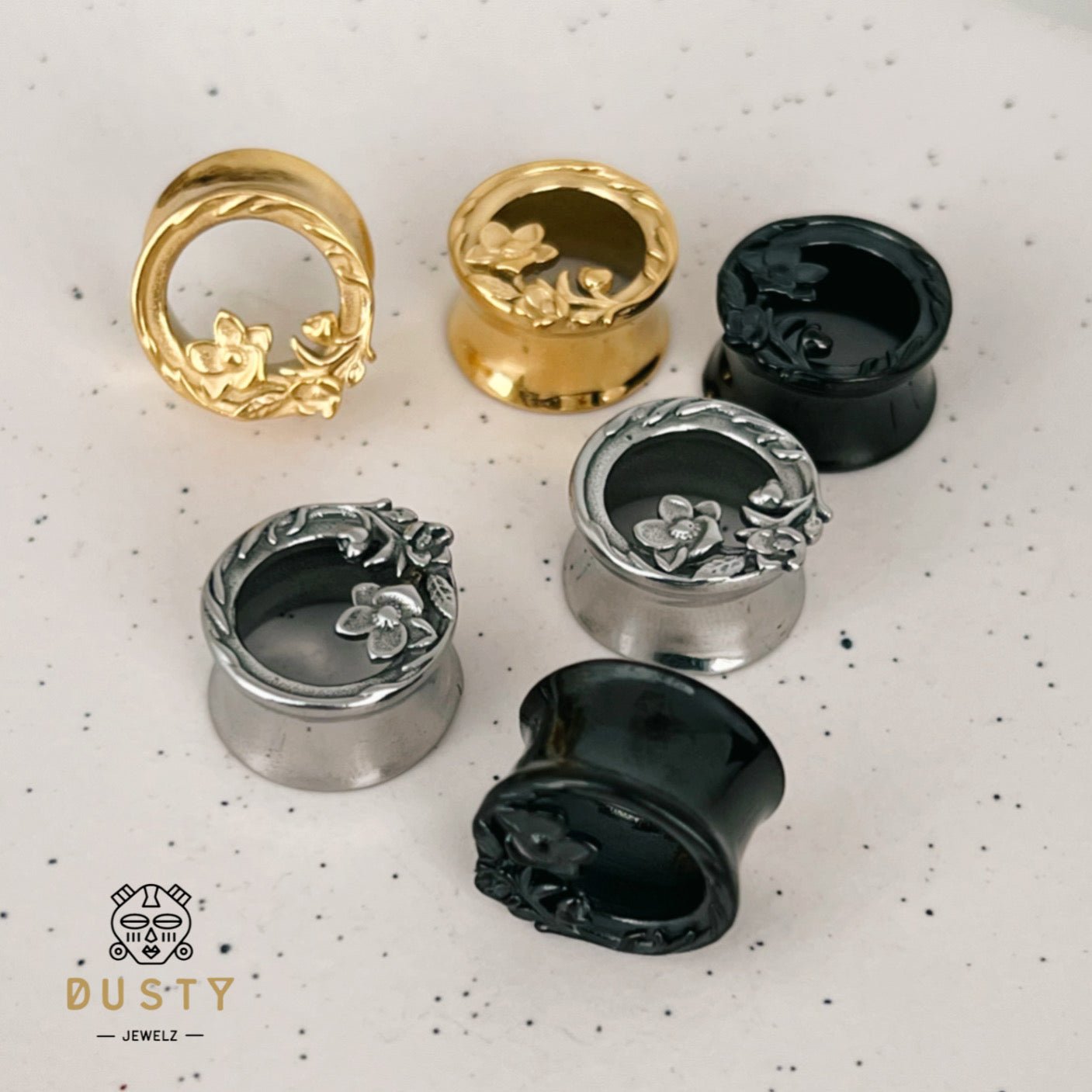 Carved Out Flower Tunnels | Double Flared Steel Plugs - DustyJewelz