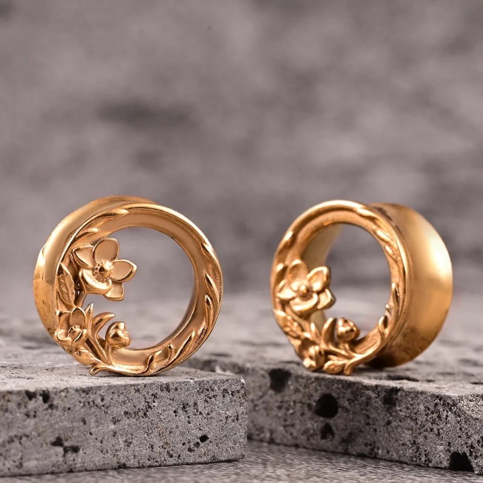 Carved Out Flower Tunnels | Double Flared Steel Plugs - DustyJewelz