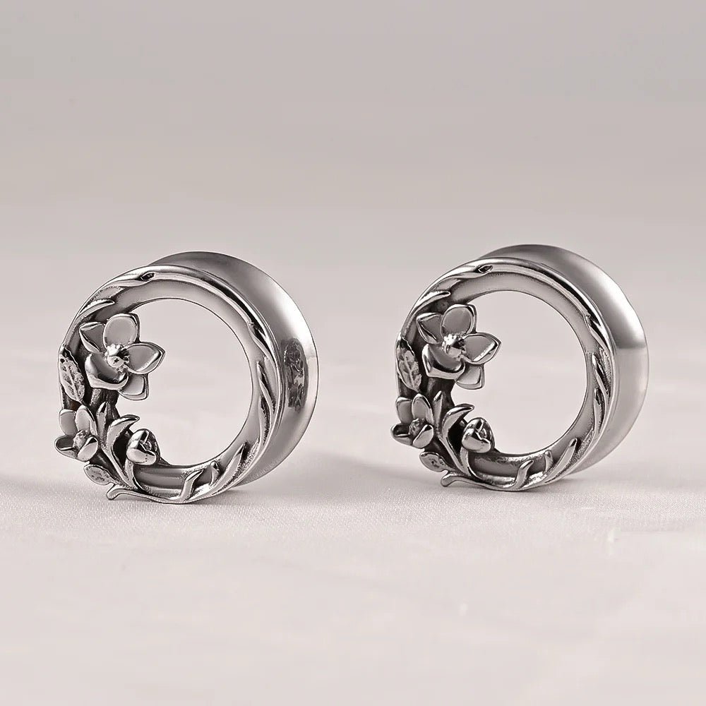 Carved Out Flower Tunnels | Double Flared Steel Plugs - DustyJewelz