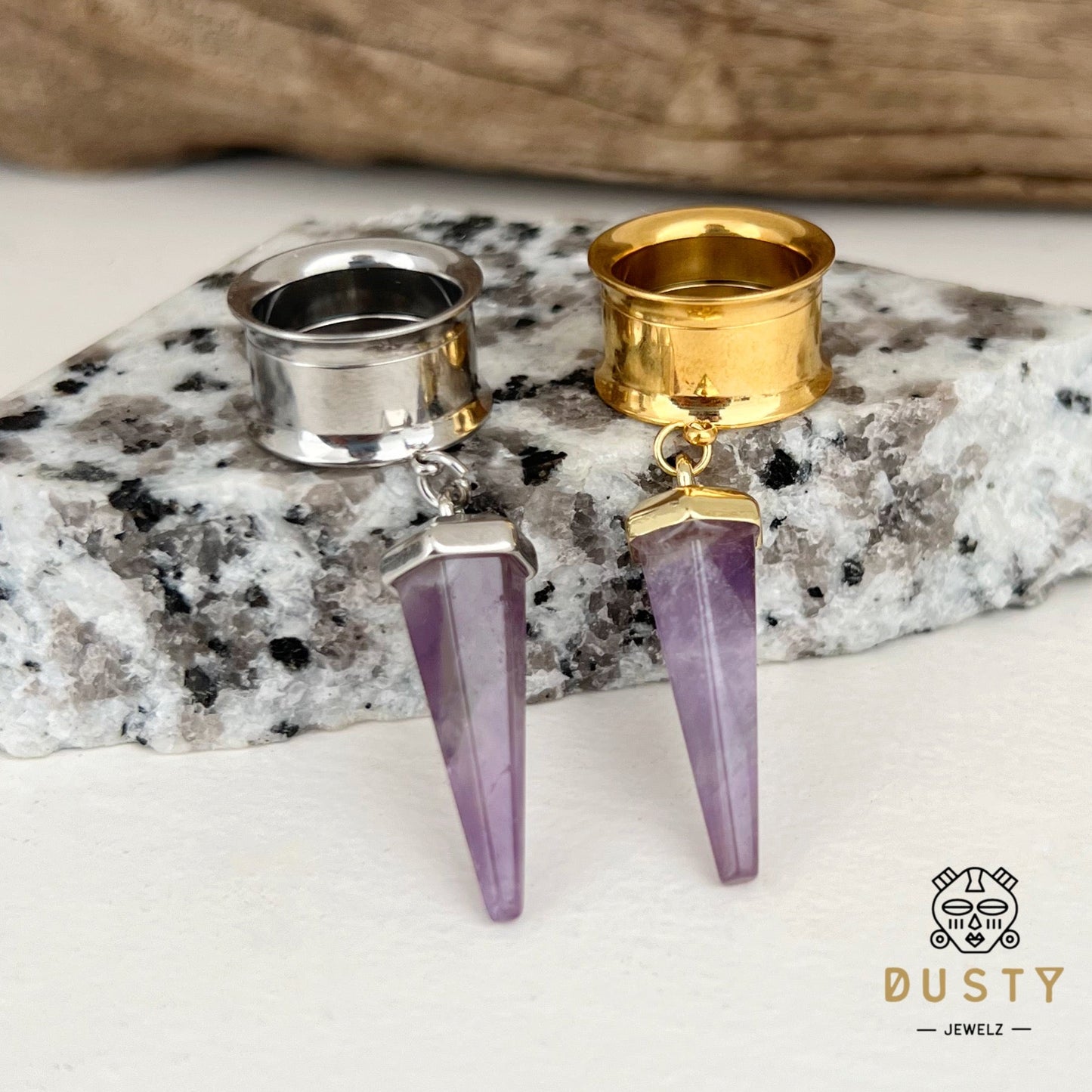 Purple Amethyst Crystal Cone Dangle Tunnel Plugs - DustyJewelz