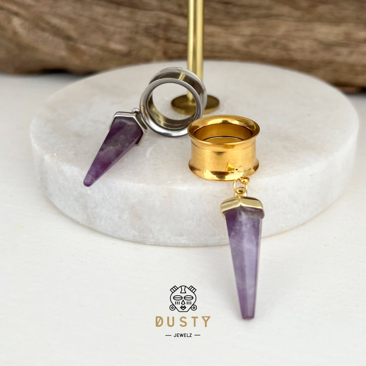Purple Amethyst Crystal Cone Dangle Tunnel Plugs - DustyJewelz