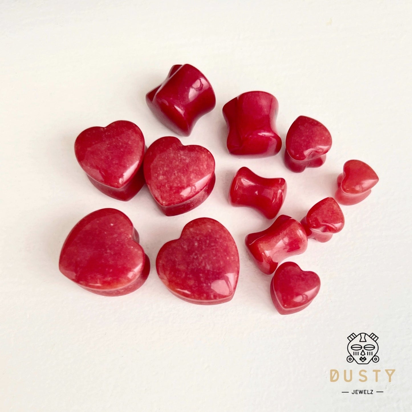 Red Jade Heart Shaped Stone Plugs | Double Flare - DustyJewelz