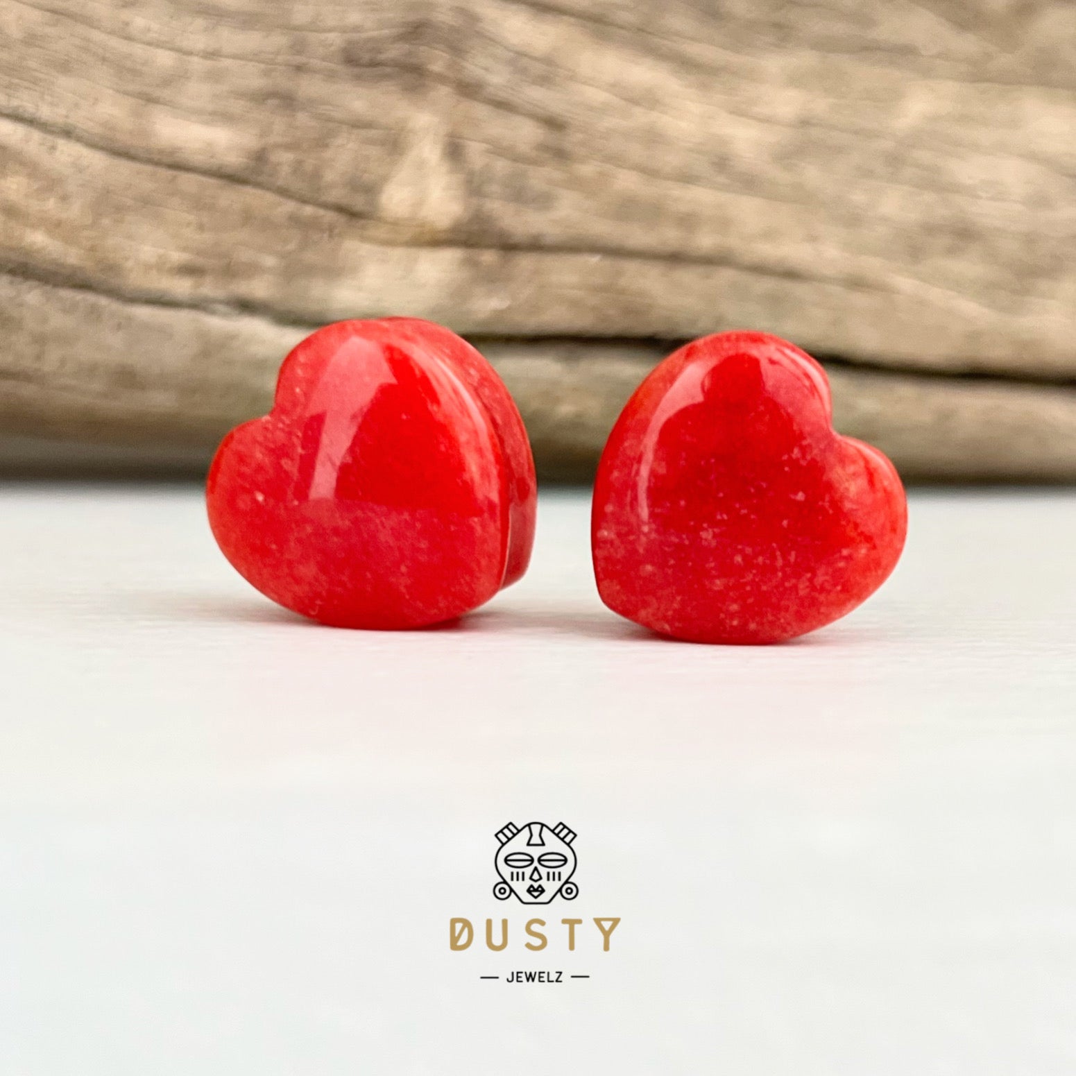 Red Jade Heart Shaped Stone Plugs | Double Flare | DustyJewelz