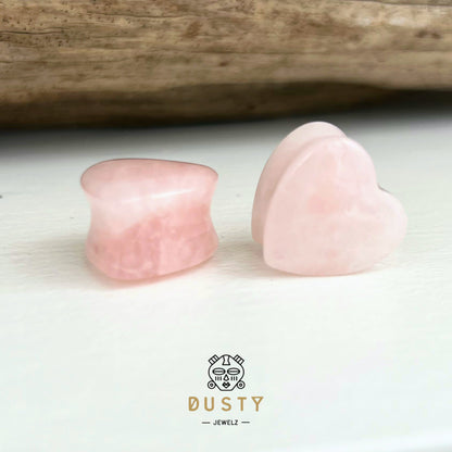 Rose Quartz Heart Shaped Stone Plugs | Double Flare - DustyJewelz