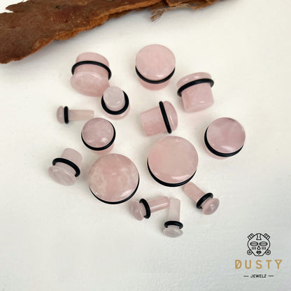 Rose Quartz Stone Plugs | Convex Single Flare - DustyJewelz