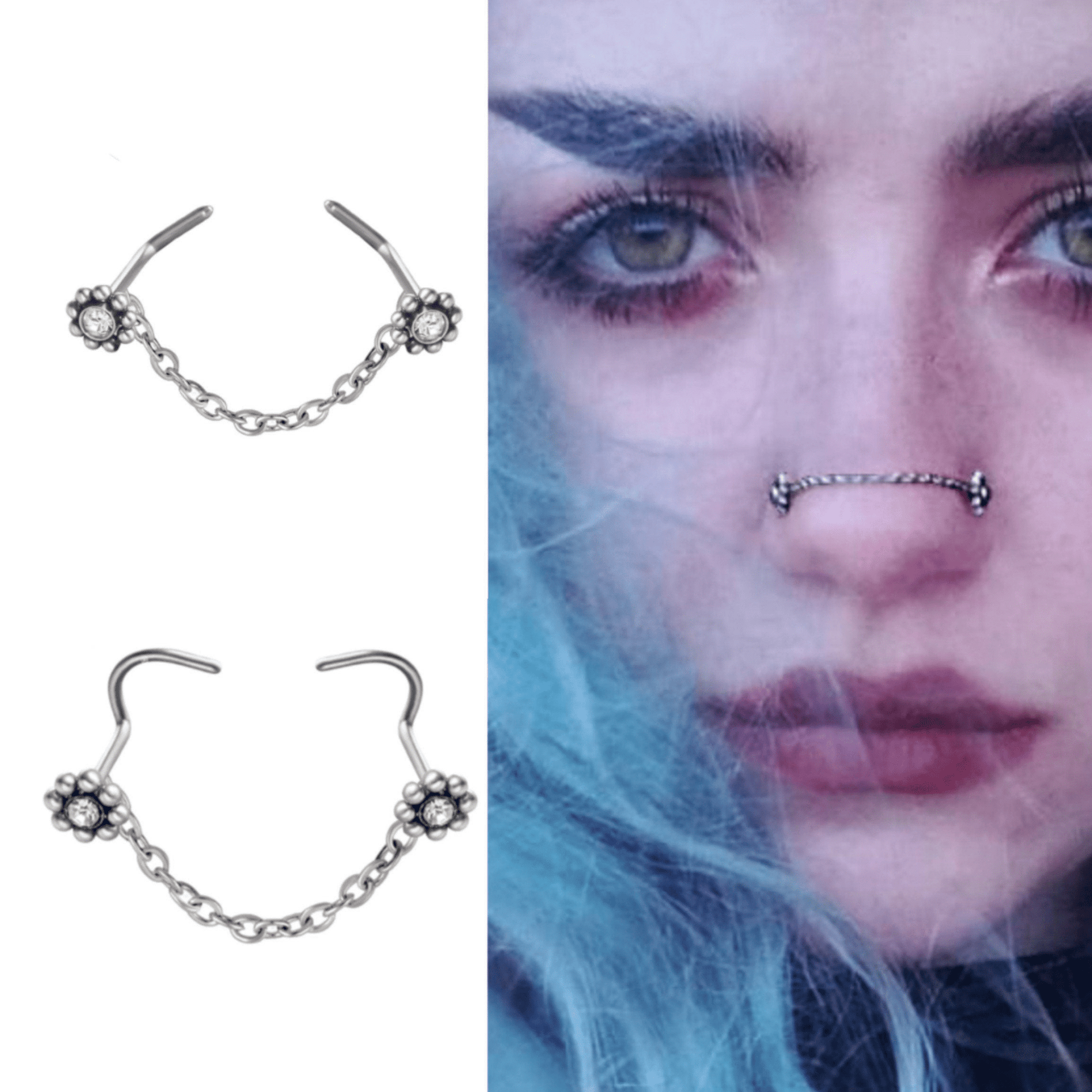 Stainless Steel Nose Chain And Stud Set | Bogo | Piercing Chains| Nostril Chain, Nasalang | Nosechain, Nose Bridge | Alternative Jewelry - DustyJewelz