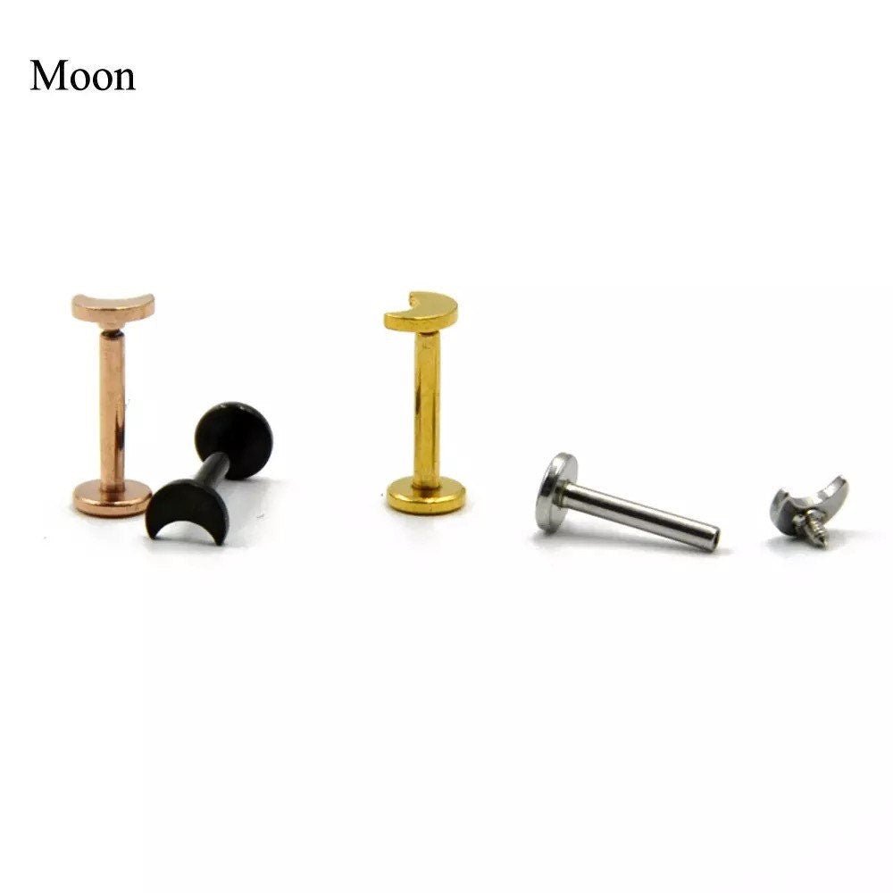Sun Moon Stars Labret Stud | Internally Threaded | Cartilage Earring 16g | Tragus Bar | Helix | Monroe | Philtrum | Medusa - DustyJewelz