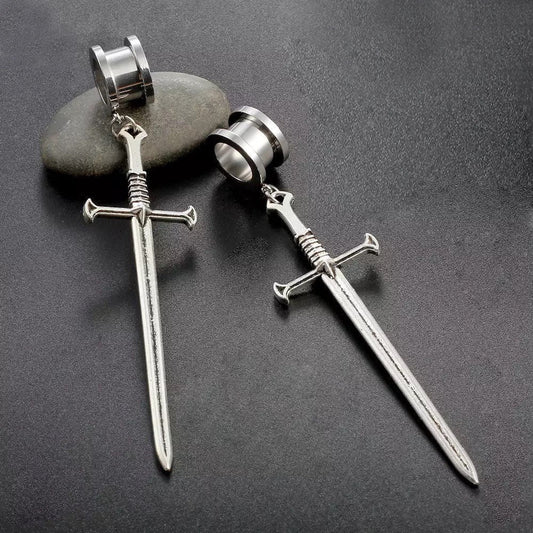 Sword Dagger Dangle Stainless Steel Plugs | Drop Dangle | Screw In | Ear Plugs Tunnels | Ear Gauges | Gothic Jewelry - DustyJewelz