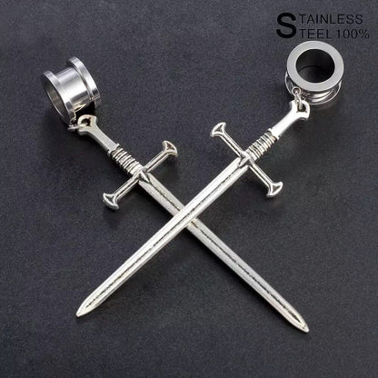 Sword Dagger Dangle Stainless Steel Plugs | Drop Dangle | Screw In | Ear Plugs Tunnels | Ear Gauges | Gothic Jewelry - DustyJewelz