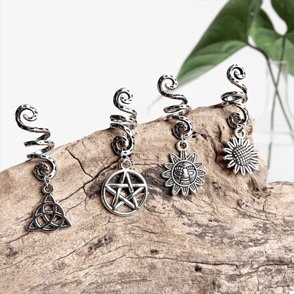 Witchy Dreadlock Beads | Spirals | Cuffs | Rings With Pentagram, Sunflower or Celtic Knot Charms - DustyJewelz